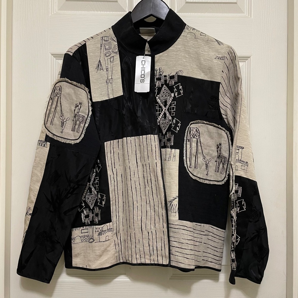 NEW Chicos Linen Silk Patchwork Jacket‎ Safari Giraffe Zebra Tribal Sz 1 Medium